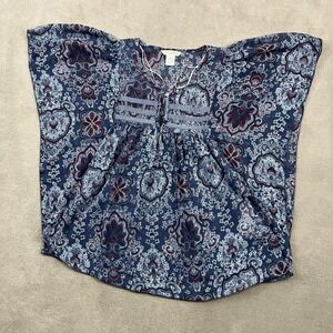 Fun & Flirt Top Small S Women Navy Paisley Boho Butterfly Sleeve Chiffon Blouse